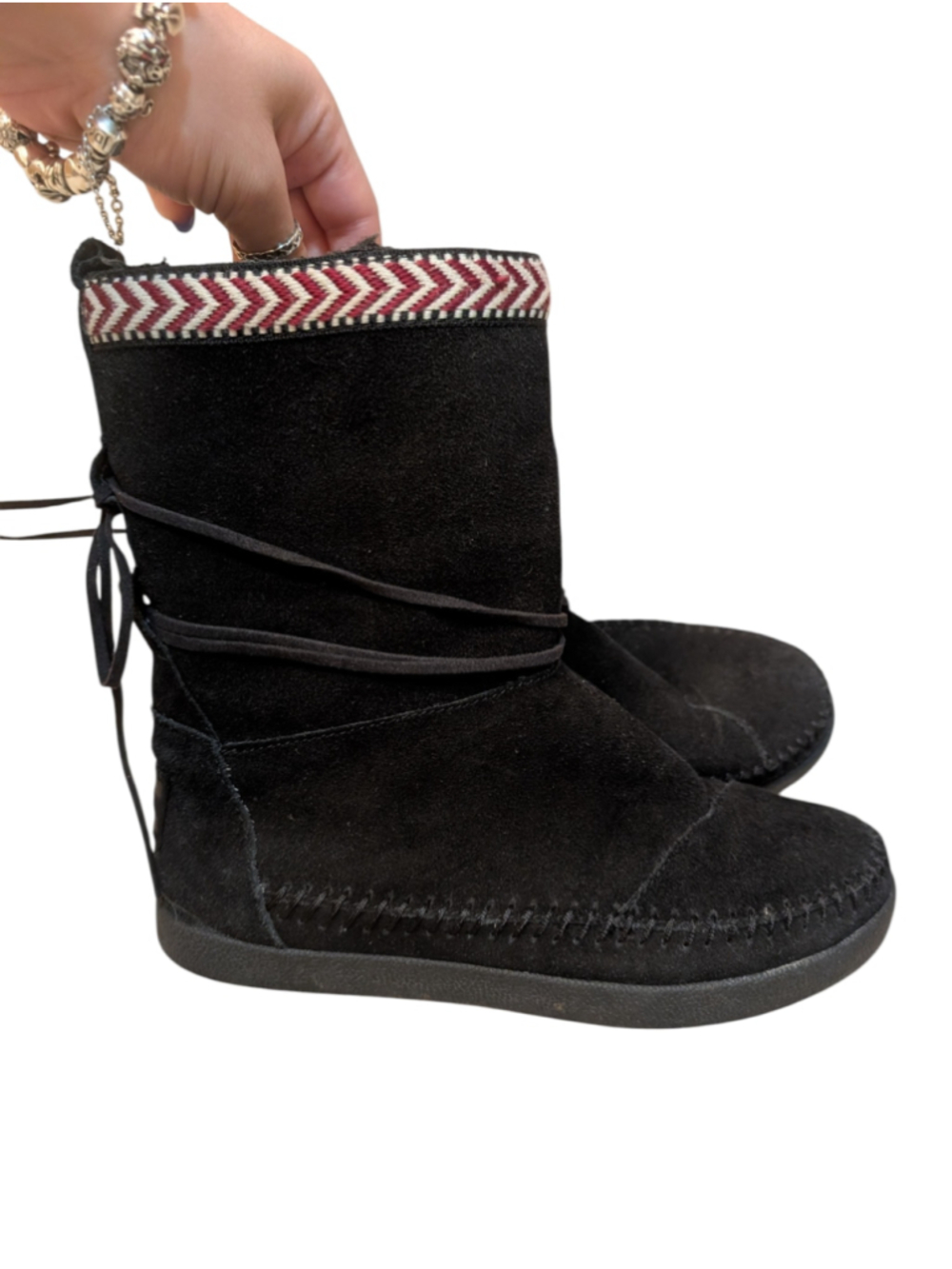 Women's TOMS Nepal Black Suede Moccasin Mid Calf Boots with Red Pattern Trim